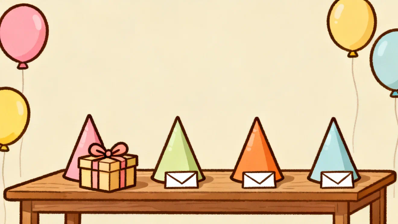 Four paper party hats in a row on a wooden table, a wrapped gift with a bow in front of the first hat and a small card in front of each of the other three, with balloons floating behind