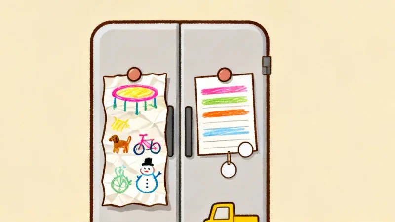 A fridge door with two lists under magnets, a long crumpled sheet of crayon doodles of a trampoline, a dog, a bike and a snowman next to a short tidy sheet of colored bars with two blank price tags, and a green crayon and a yellow toy truck on the counter below