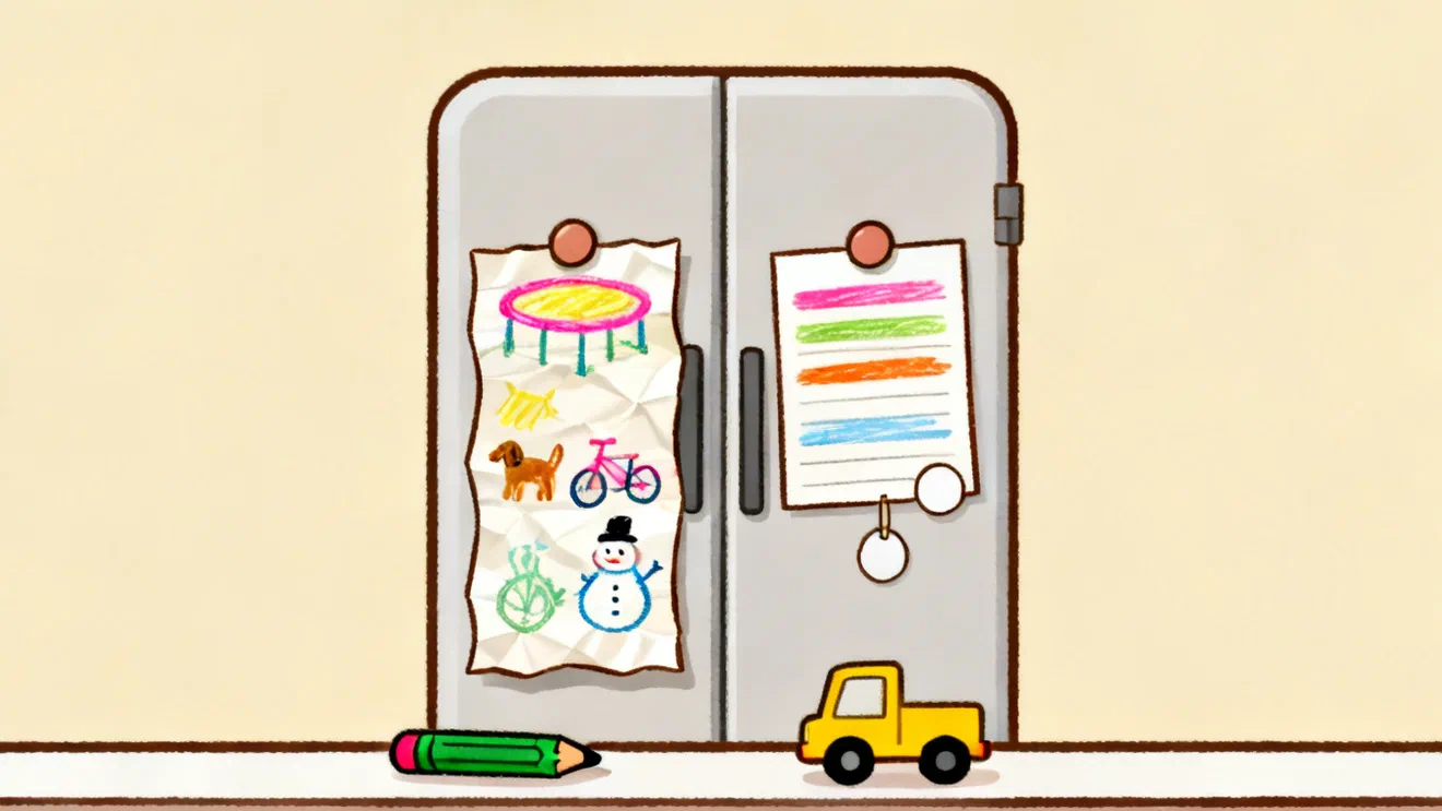 A fridge door with two lists under magnets, a long crumpled sheet of crayon doodles of a trampoline, a dog, a bike and a snowman next to a short tidy sheet of colored bars with two blank price tags, and a green crayon and a yellow toy truck on the counter below