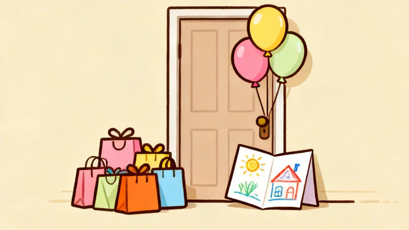 A pile of gift bags beside a front door with balloons, and a homemade crayon card propped against the door