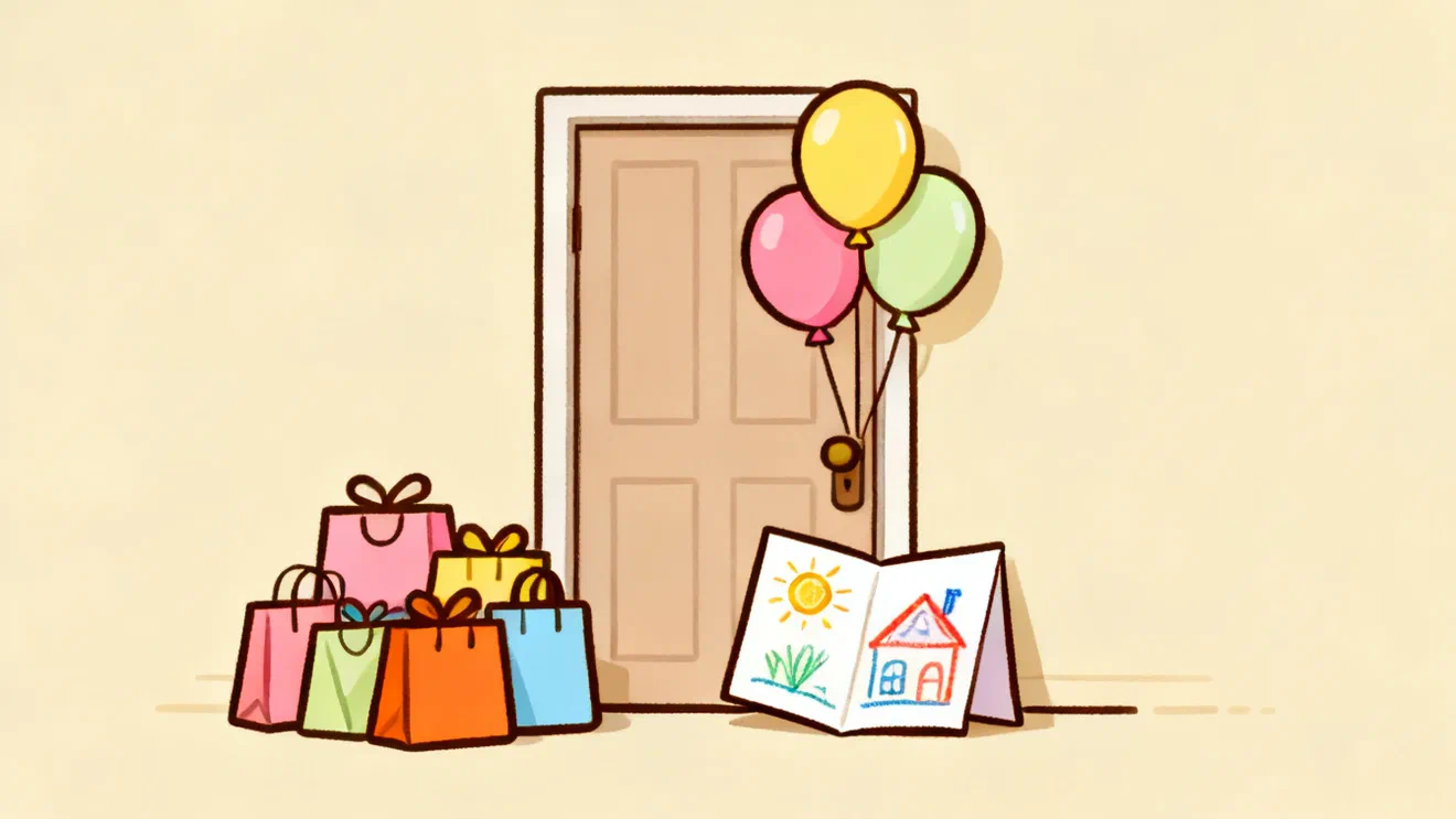 A pile of gift bags beside a front door with balloons, and a homemade crayon card propped against the door