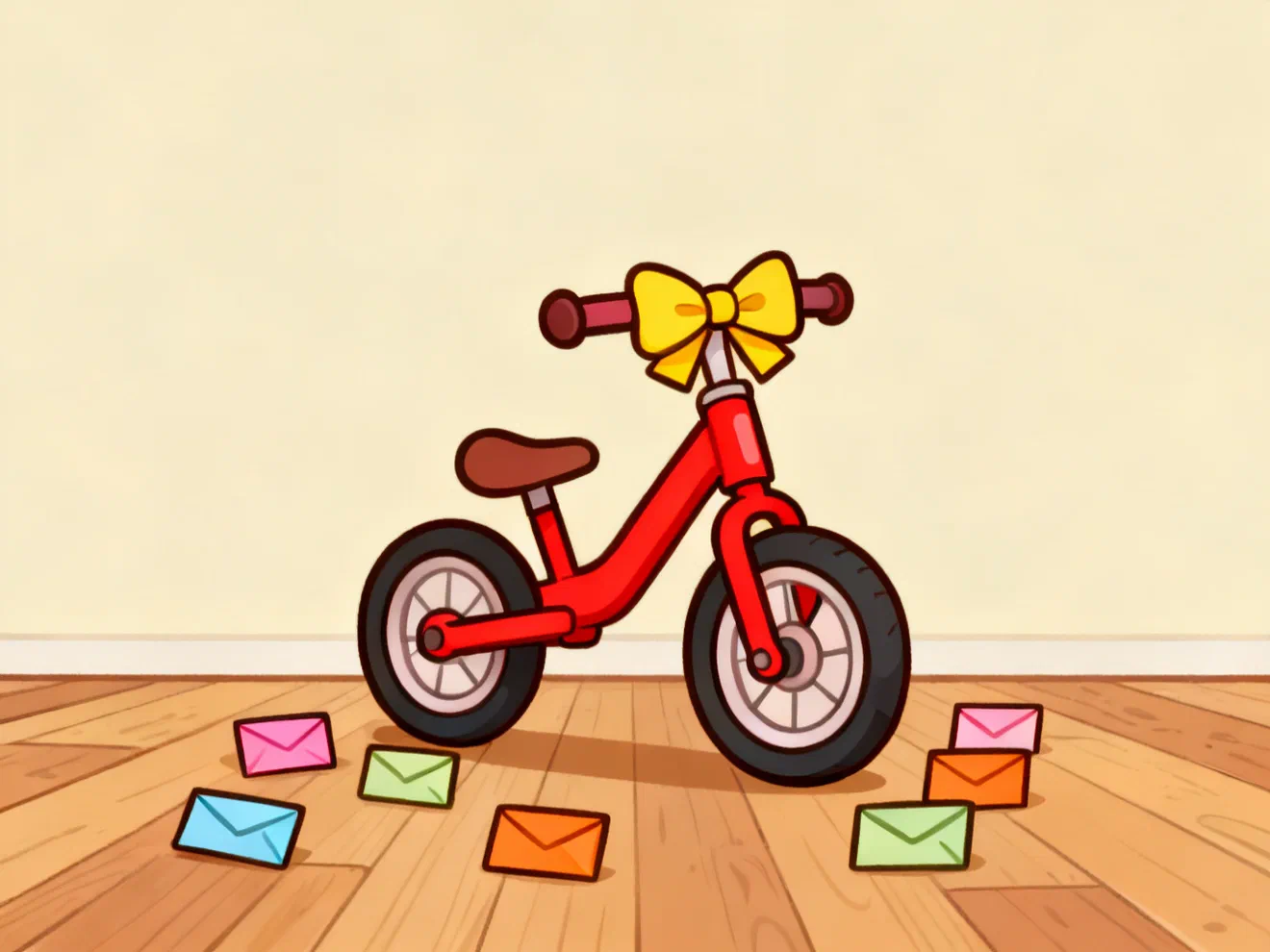 A red balance bike with a yellow bow, small envelopes scattered around its wheels