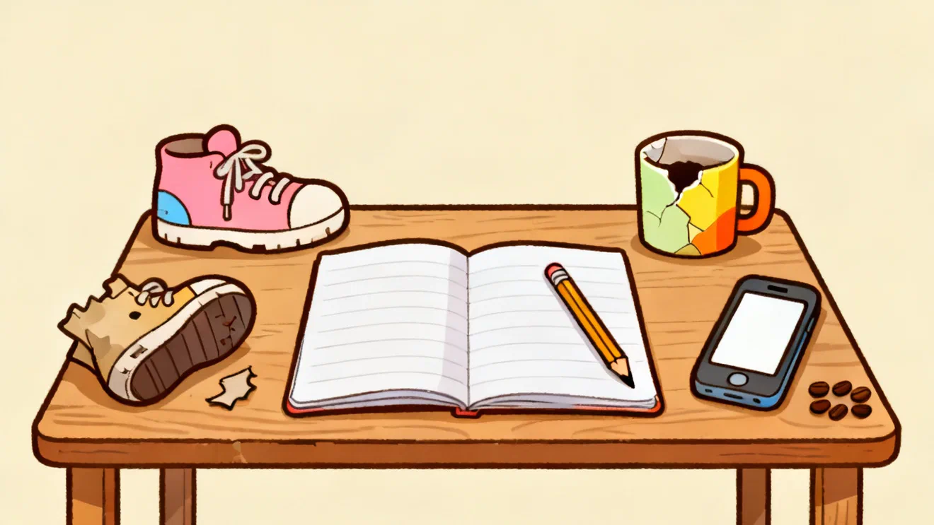 An open empty notepad with a pencil on a wooden table, next to a worn shoe with its sole coming off, a pink sneaker, a cracked mug, a phone with a blank screen and a few coffee beans