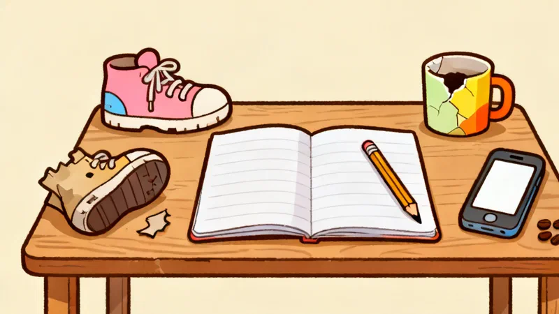 An open empty notepad with a pencil on a wooden table, next to a worn shoe with its sole coming off, a pink sneaker, a cracked mug, a phone with a blank screen and a few coffee beans