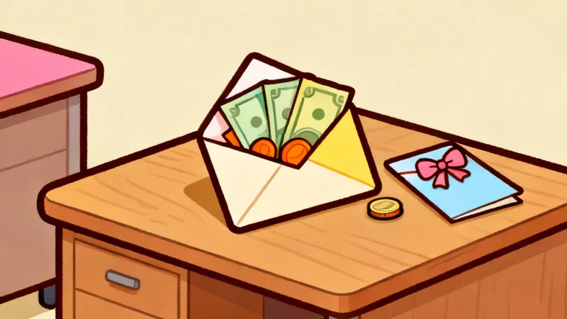 An open envelope with folded banknotes and coins on an office desk, a closed card with a bow beside it