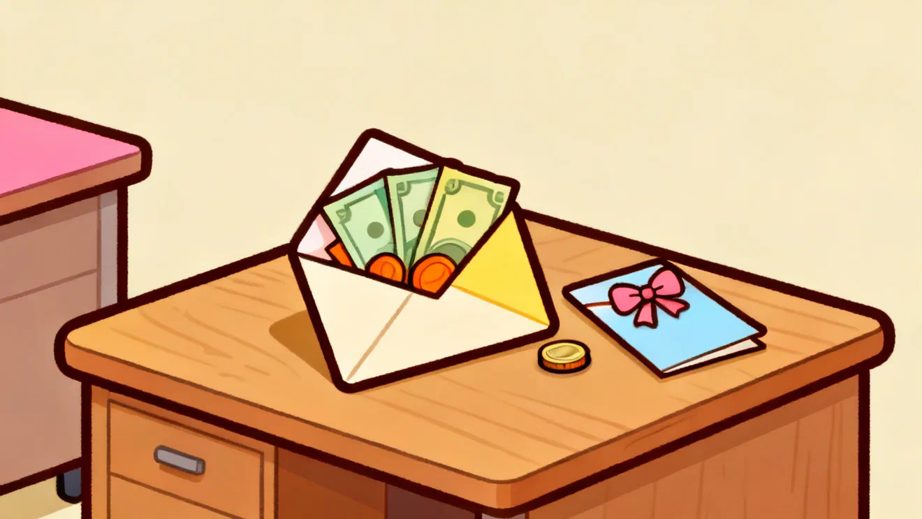 An open envelope with folded banknotes and coins on an office desk, a closed card with a bow beside it