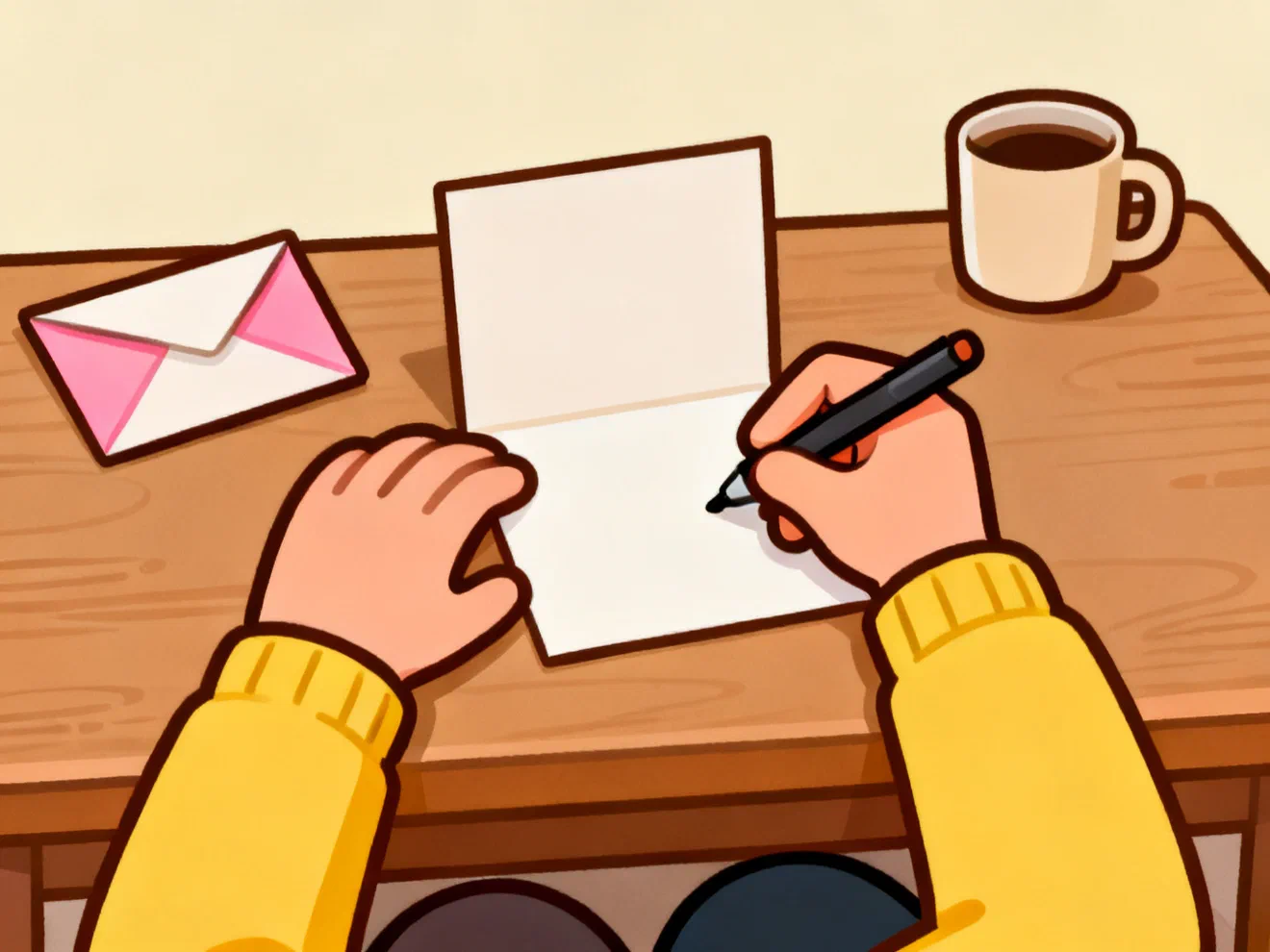 Two hands signing an open blank greeting card at a desk, a closed envelope pushed off to the side