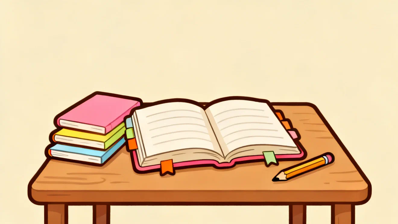 An open pink notebook with colored page tabs on a wooden table, a stack of three thin closed notebooks pushed to one side and a pencil beside it