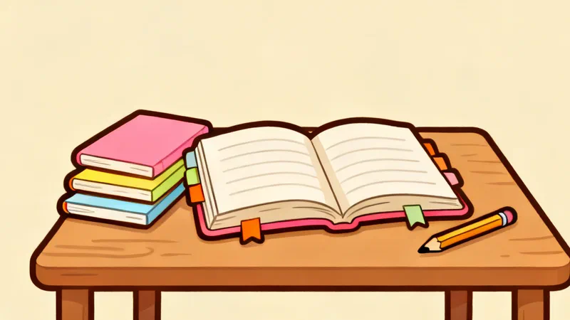 An open pink notebook with colored page tabs on a wooden table, a stack of three thin closed notebooks pushed to one side and a pencil beside it