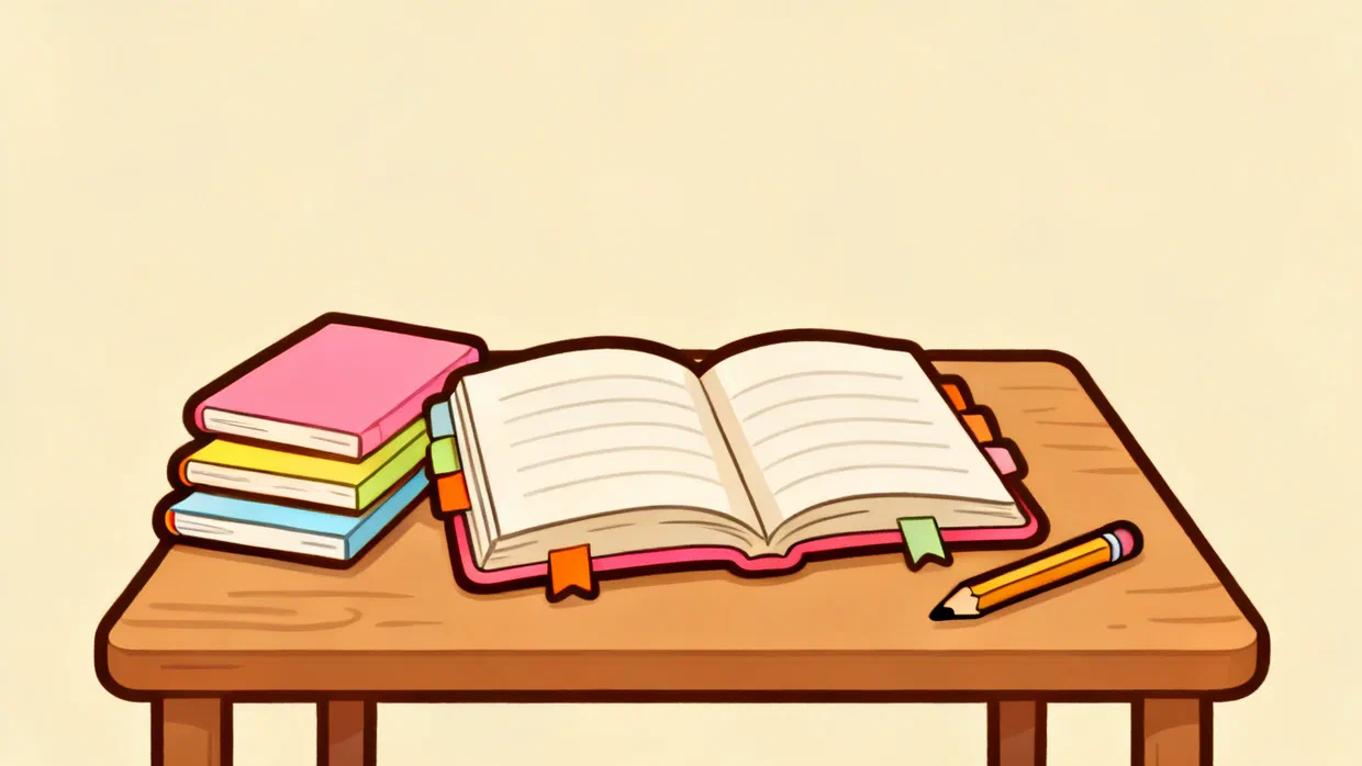 An open pink notebook with colored page tabs on a wooden table, a stack of three thin closed notebooks pushed to one side and a pencil beside it