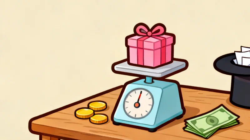 A pink wrapped gift with a bow on a blue kitchen scale, three gold coins and a folded green banknote beside it, a black top hat full of blank paper slips behind