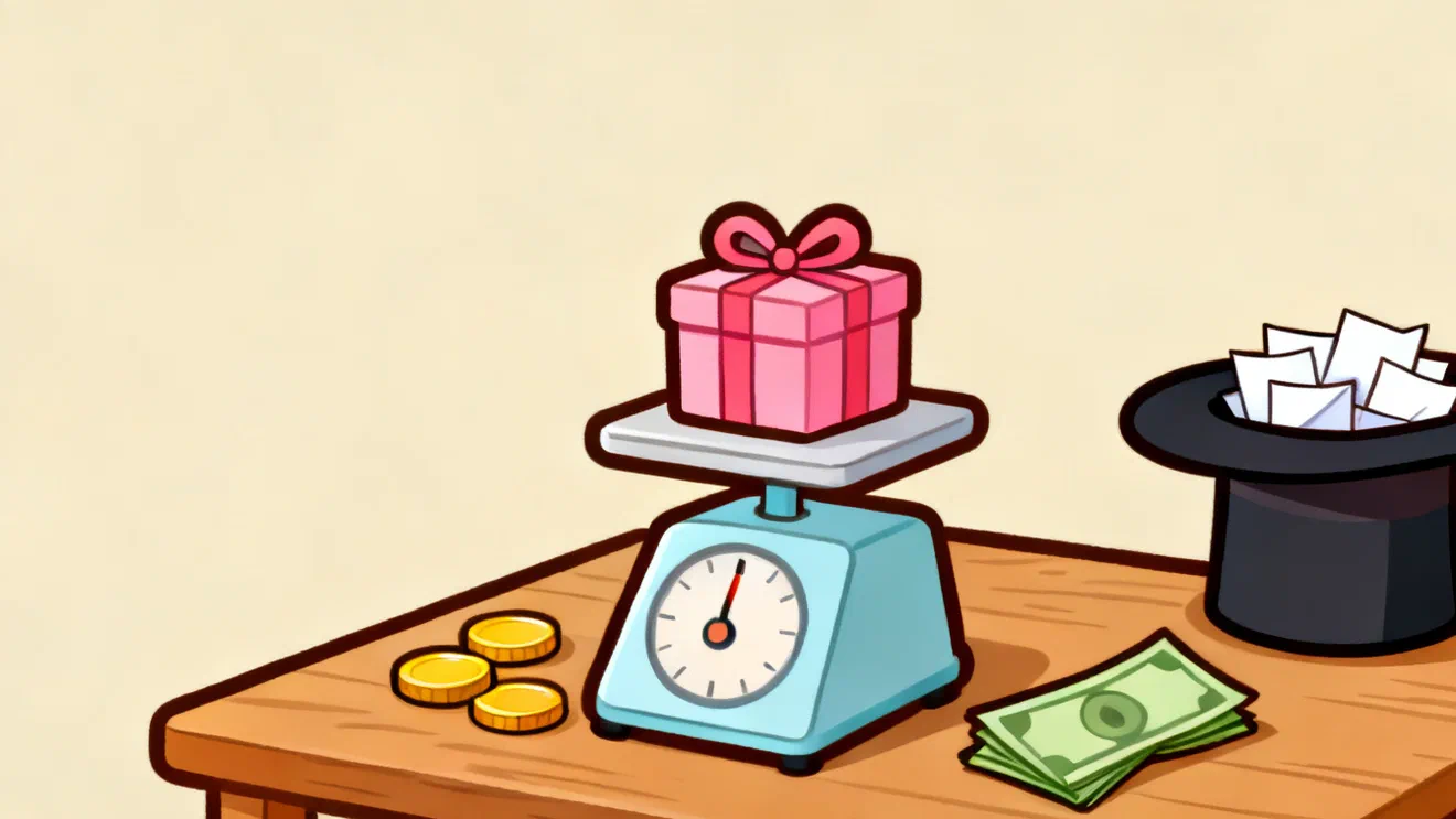 A pink wrapped gift with a bow on a blue kitchen scale, three gold coins and a folded green banknote beside it, a black top hat full of blank paper slips behind