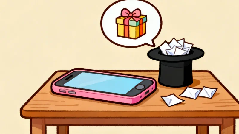 A pink phone on a wooden table with a chat bubble above it holding a small wrapped gift, a black top hat full of folded paper slips beside it and three slips on the table