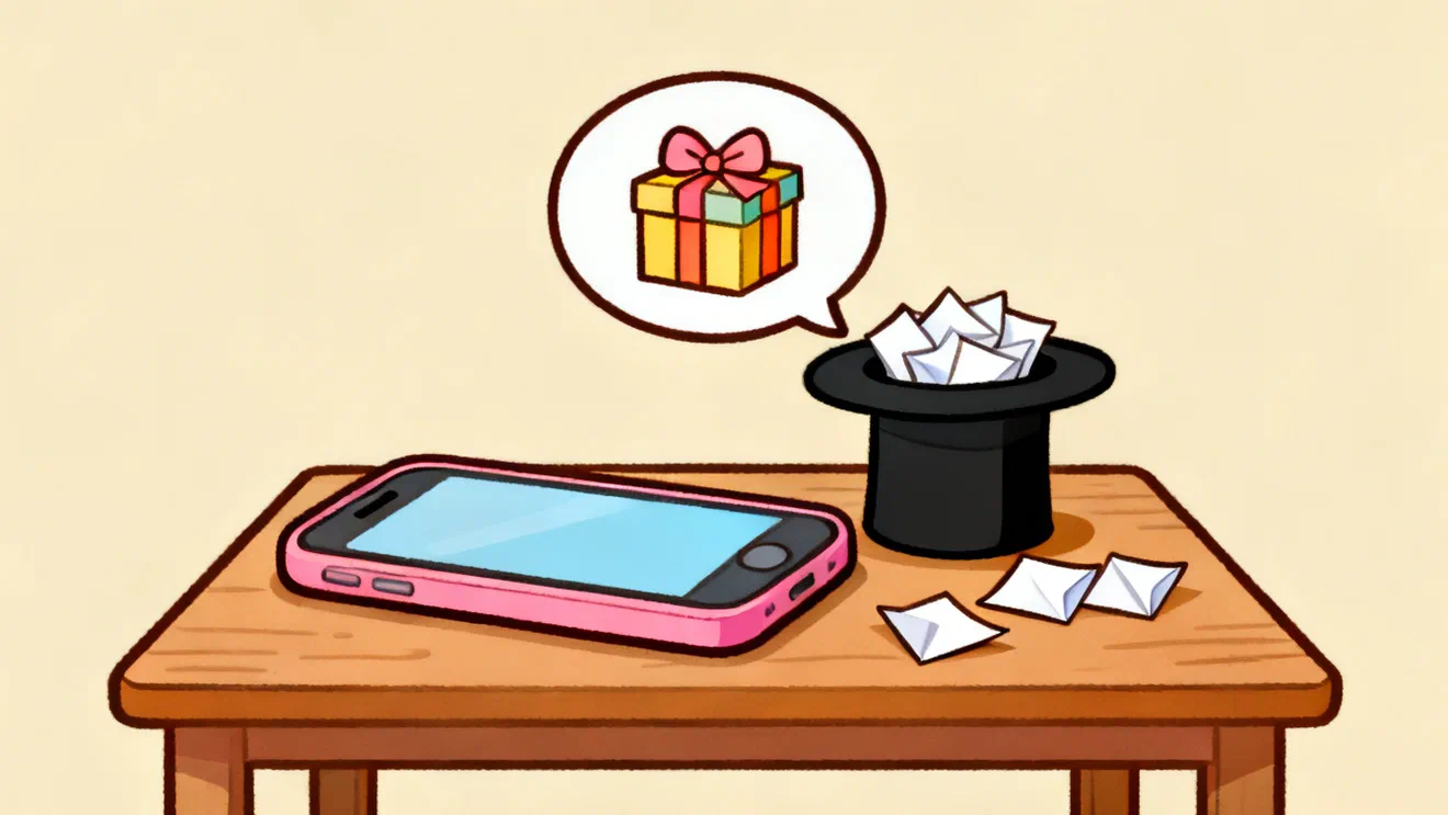 A pink phone on a wooden table with a chat bubble above it holding a small wrapped gift, a black top hat full of folded paper slips beside it and three slips on the table