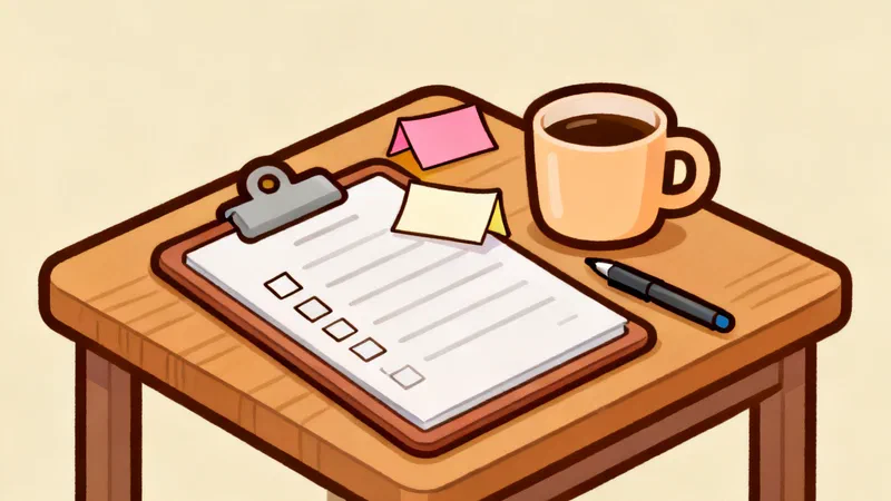 A clipboard with an empty checklist on a wooden desk, a plain mug of coffee and a pen beside it, and two folded paper name slips on top