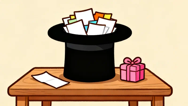 A top hat full of folded paper name slips on a table, a small wrapped gift beside it
