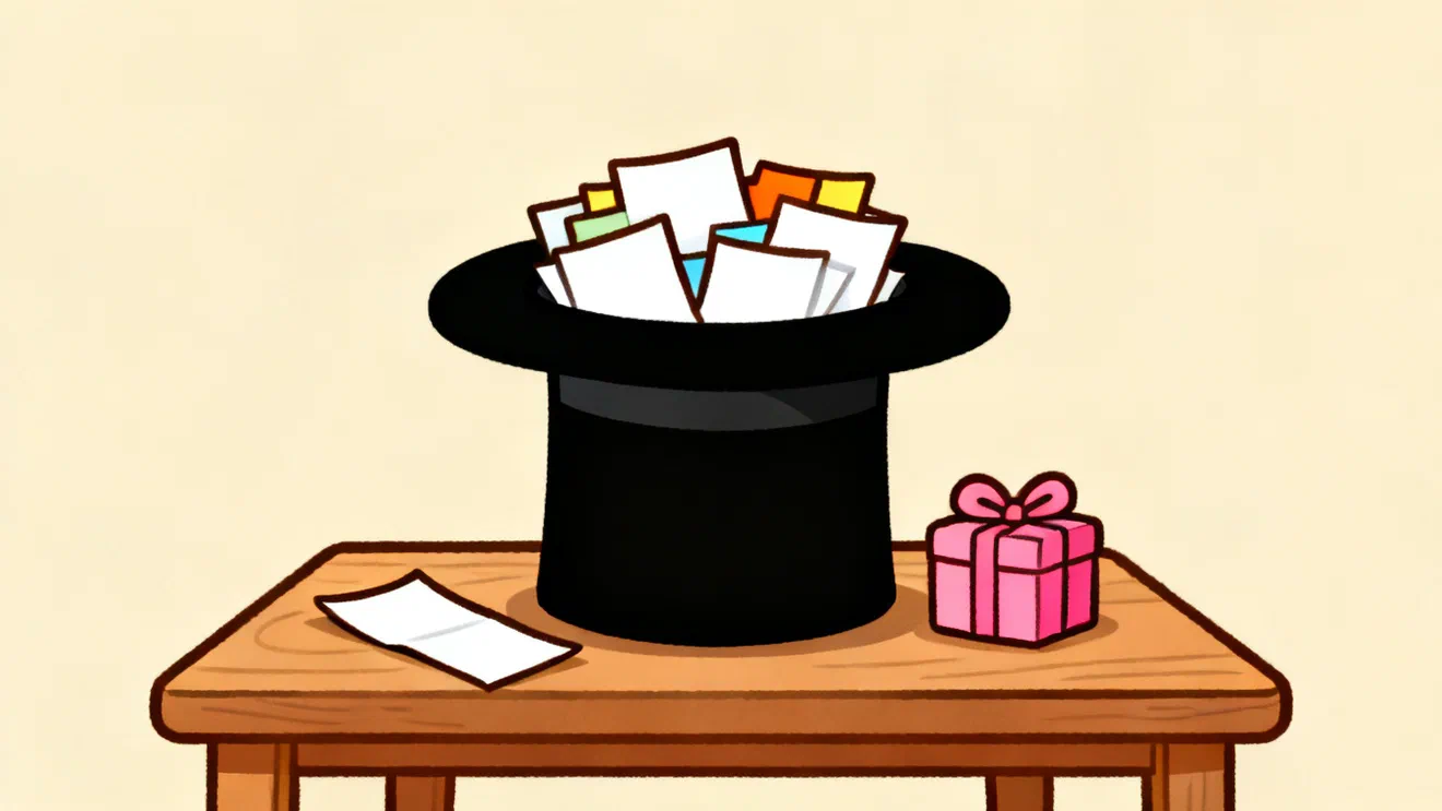A top hat full of folded paper name slips on a table, a small wrapped gift beside it