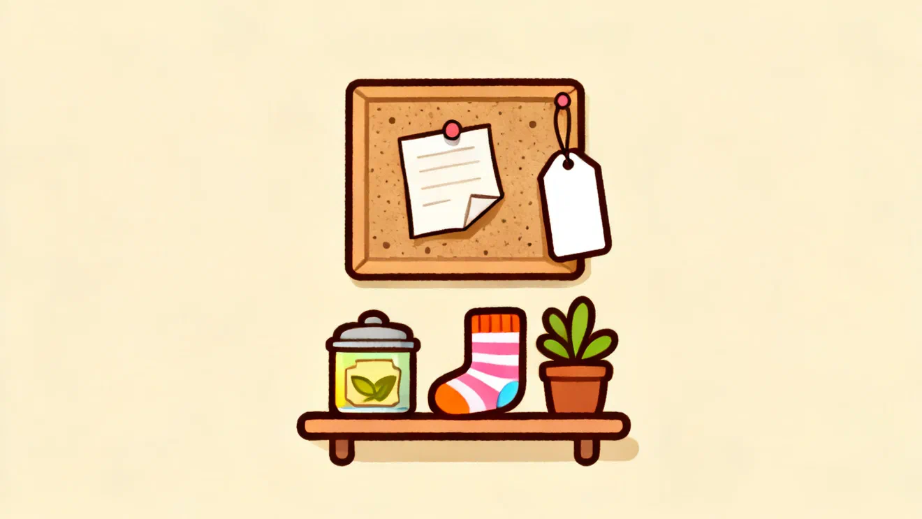 A corkboard with a blank paper slip and a price tag, and a shelf below with a tin of tea, a striped sock and a small plant