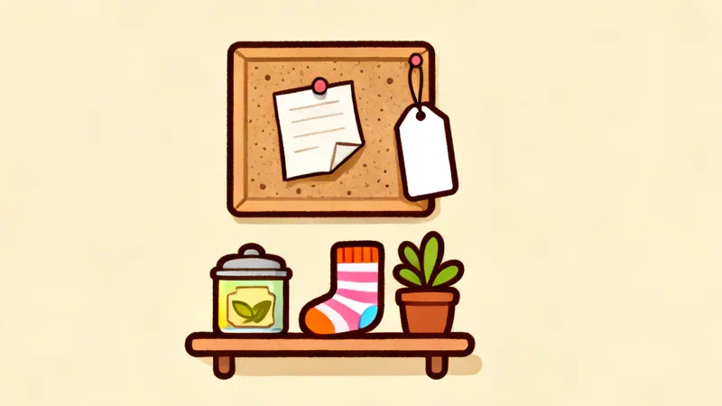 A corkboard with a blank paper slip and a price tag, and a shelf below with a tin of tea, a striped sock and a small plant