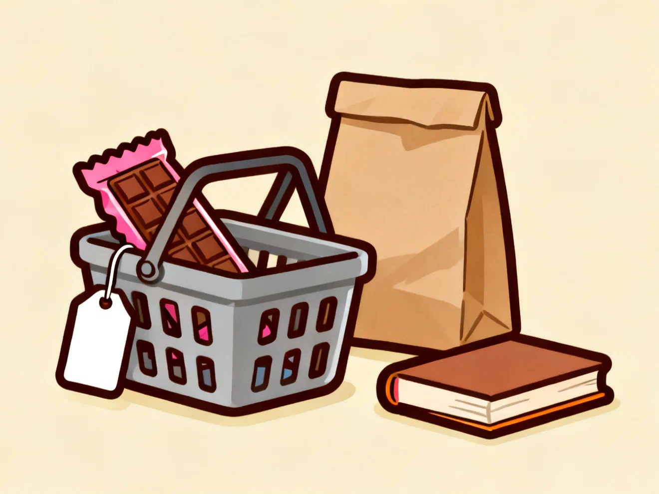 A shopping basket with a chocolate bar, a plain paper bag of coffee and a book, a blank price tag on the handle