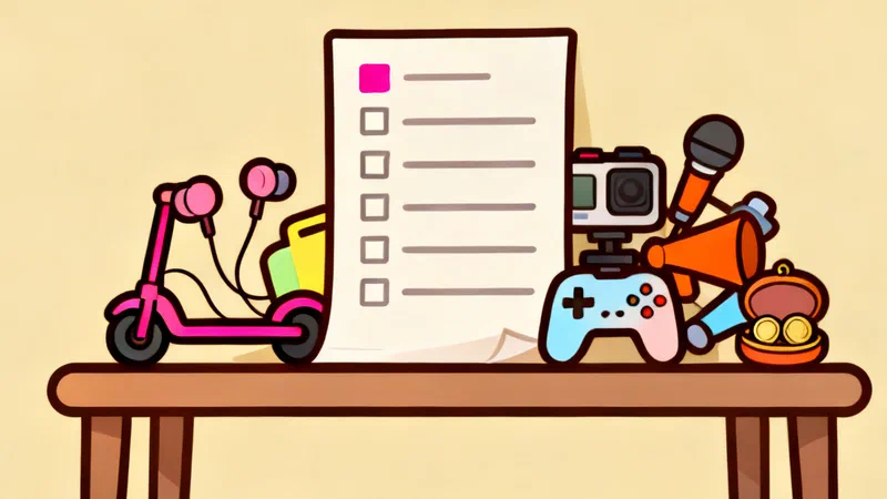 A paper checklist with only the top box filled, standing on a table between a kick scooter, earbuds, an action camera, a game controller, a microphone, an air horn and a small coin purse