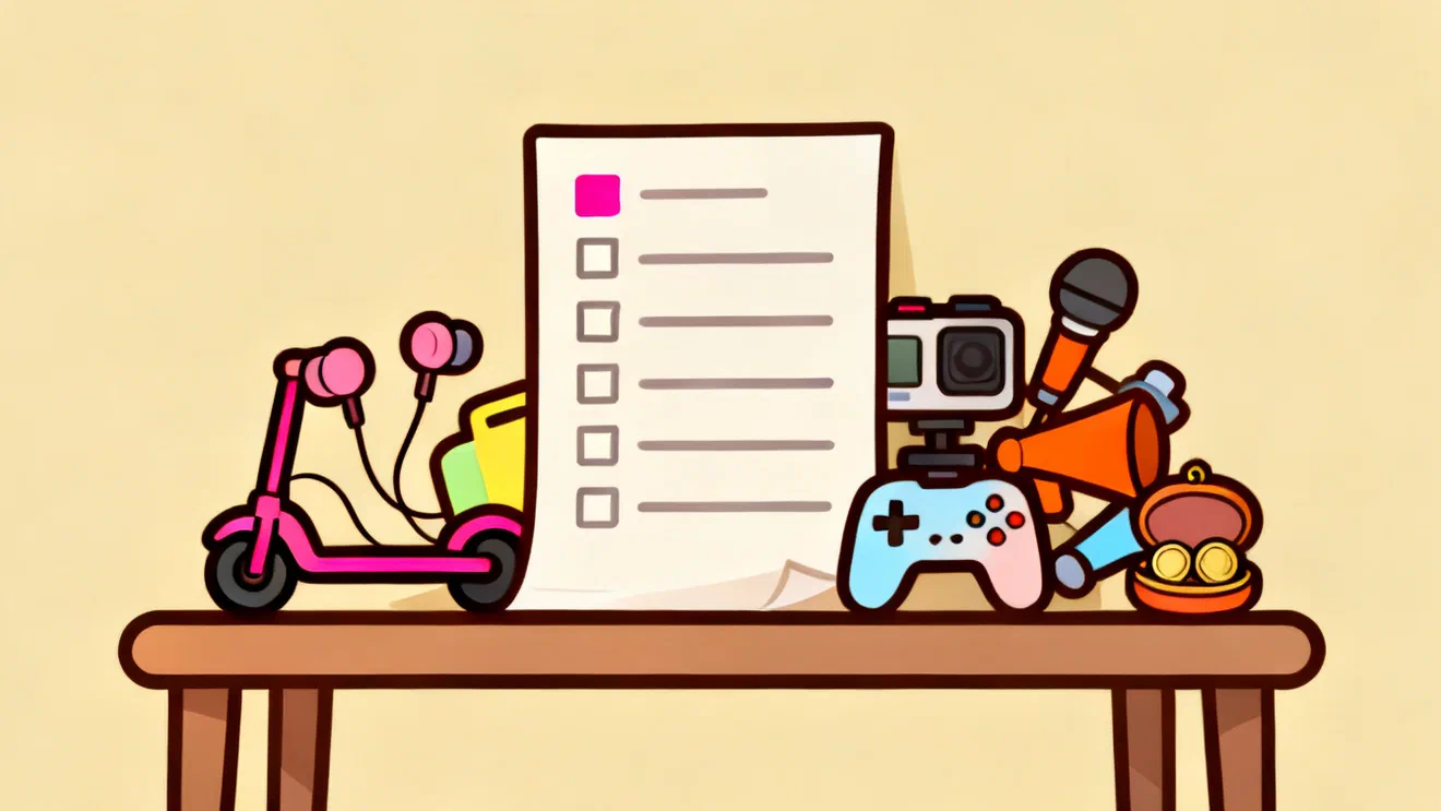 A paper checklist with only the top box filled, standing on a table between a kick scooter, earbuds, an action camera, a game controller, a microphone, an air horn and a small coin purse