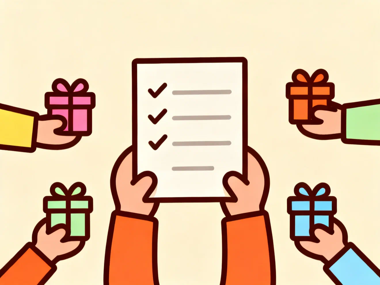 Two hands holding up one checklist while four other hands reach in from the edges, each holding a small wrapped gift