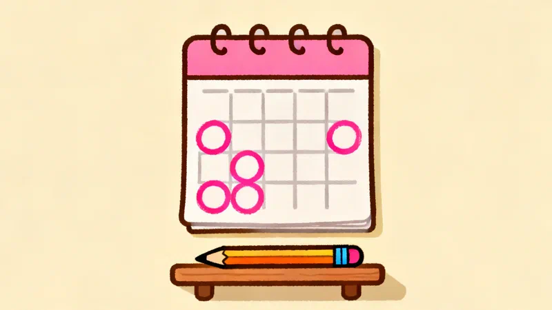 A wall calendar with blank squares and four of them circled in pink marker, a pencil on a small shelf below