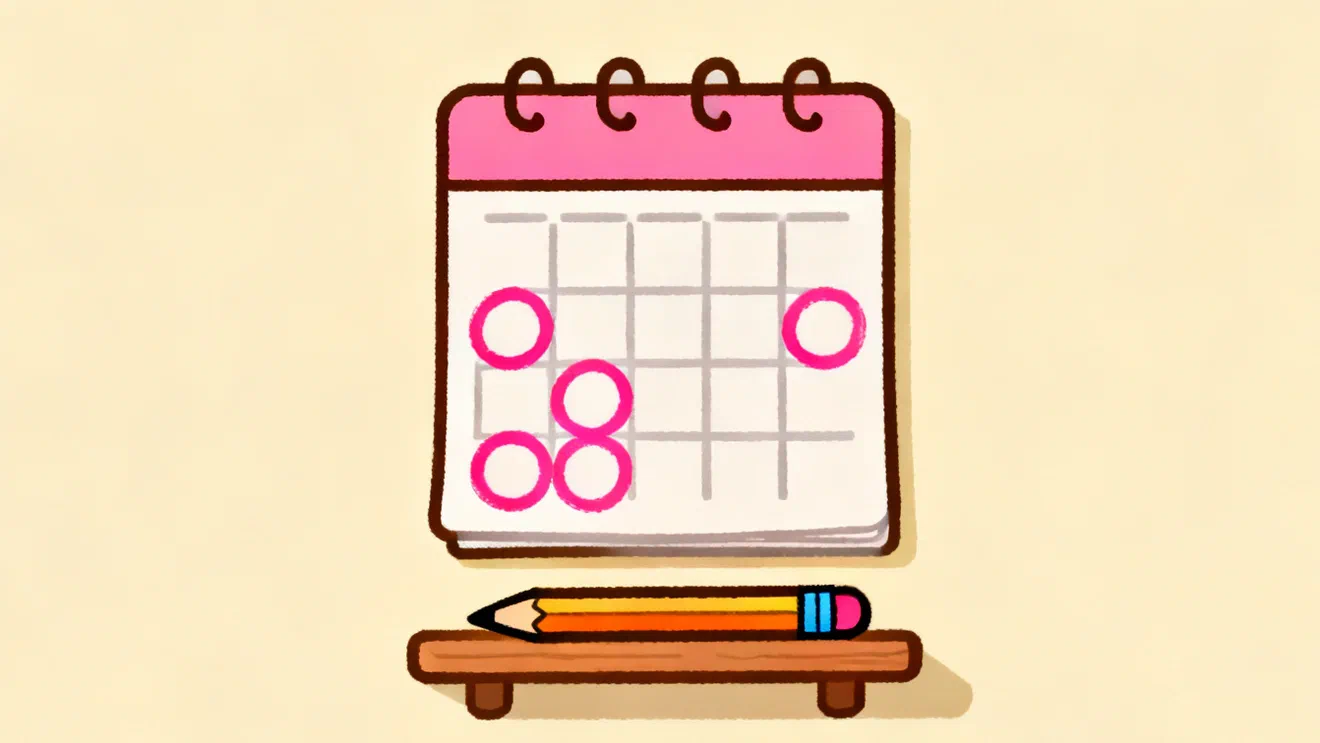 A wall calendar with blank squares and four of them circled in pink marker, a pencil on a small shelf below