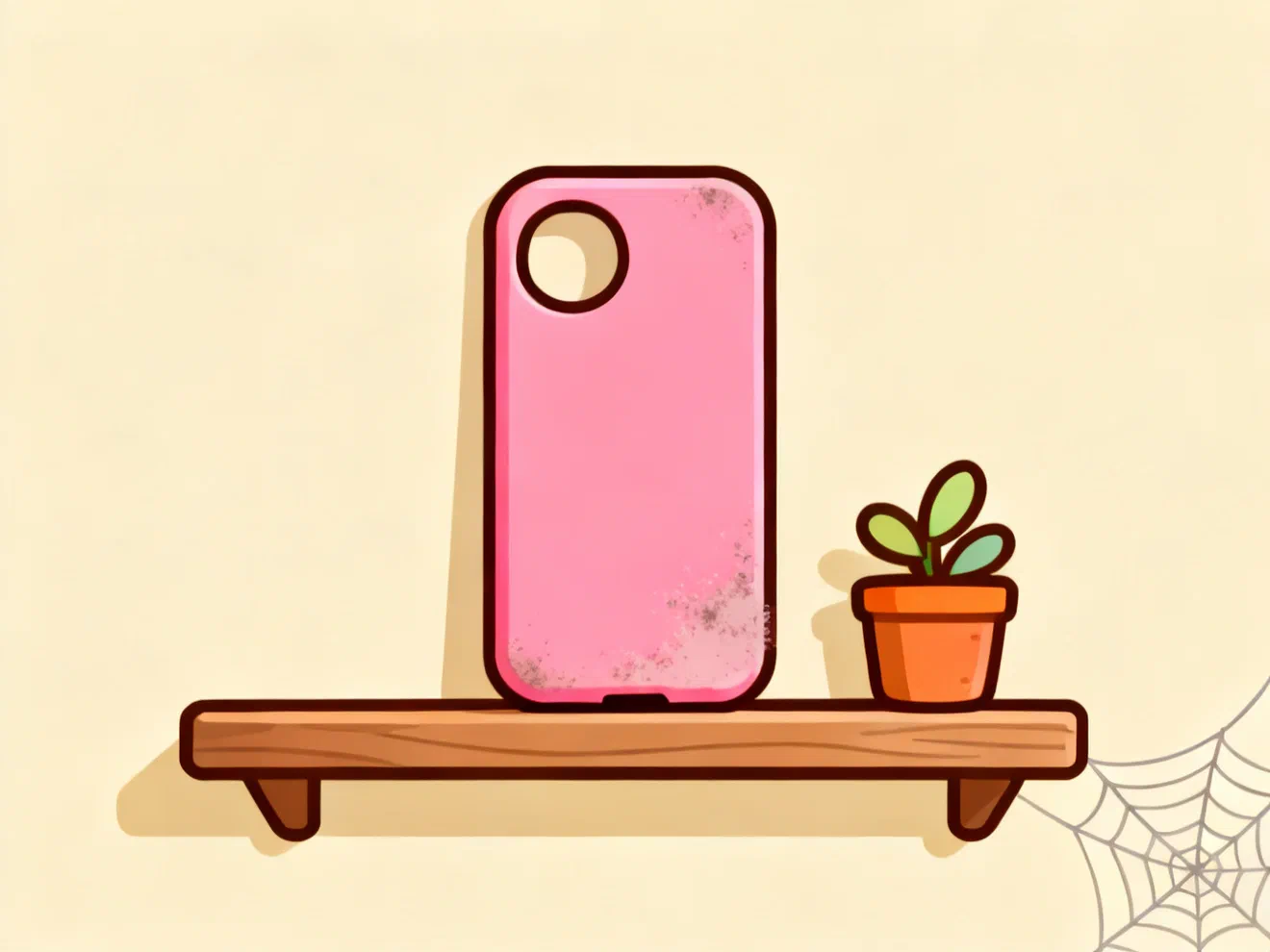 An empty dusty pink phone case standing on a shelf beside a small potted plant, a cobweb in the corner