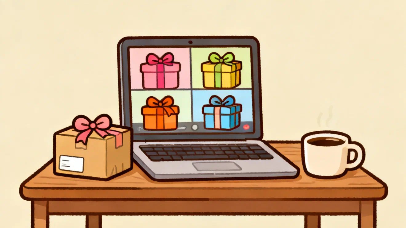 An open laptop on a wooden desk showing a video call grid of four wrapped gifts, a small parcel with a pink bow beside it and a mug of coffee on the other side