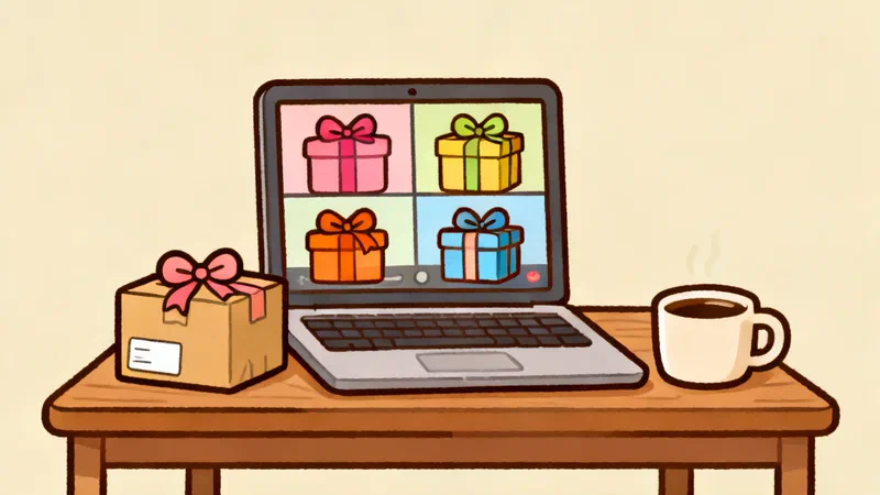An open laptop on a wooden desk showing a video call grid of four wrapped gifts, a small parcel with a pink bow beside it and a mug of coffee on the other side