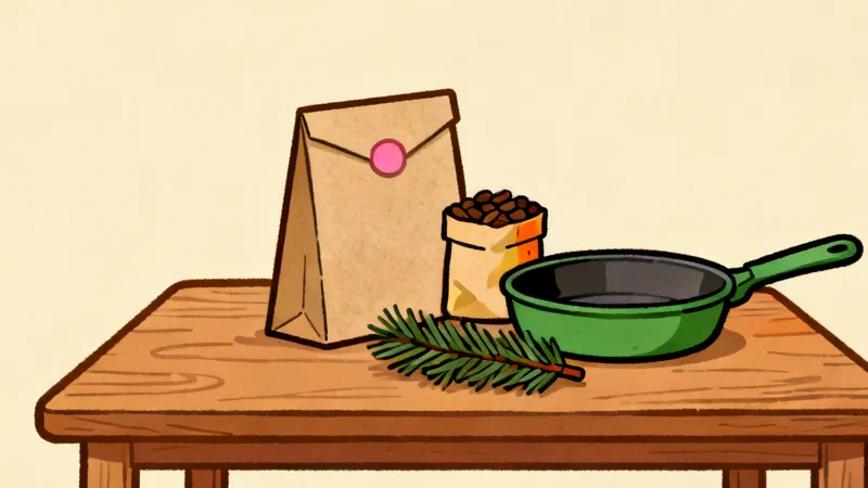 A kraft envelope, a small bag of coffee beans and a green cast iron pan on a table with a sprig of fir