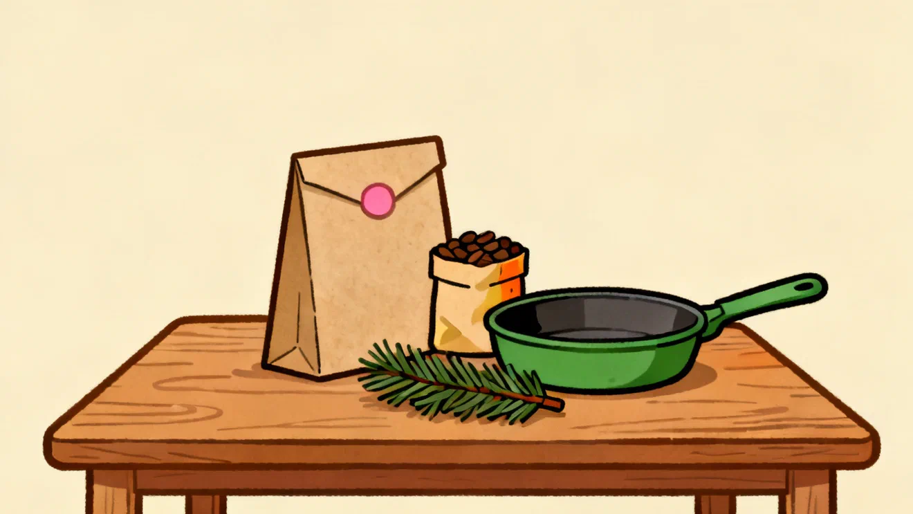 A kraft envelope, a small bag of coffee beans and a green cast iron pan on a table with a sprig of fir
