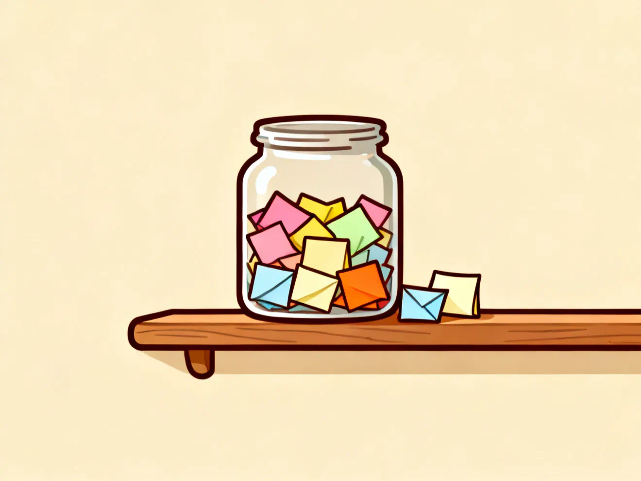 A glass jar half full of small folded paper notes on a shelf, two more notes beside it