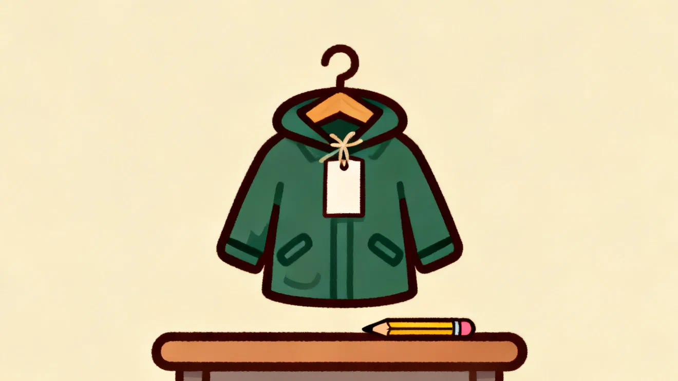 A dark green rain jacket on a hanger with a blank paper tag tied to it and a pencil on the table below