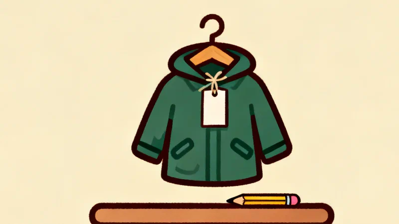 A dark green rain jacket on a hanger with a blank paper tag tied to it and a pencil on the table below