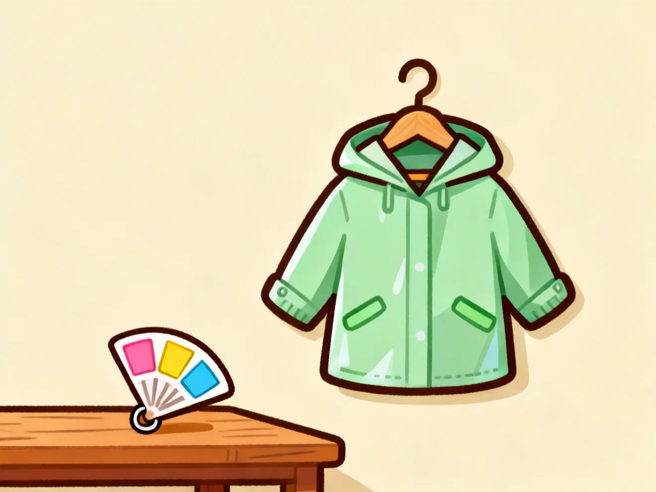 A light green hooded rain jacket on a hanger and a fan of color swatches on the table