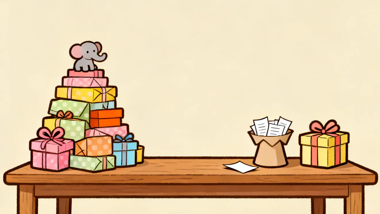 A wooden table with a pile of mismatched wrapped gifts and a small toy elephant on top on the left, and a paper hat full of folded name slips next to a single yellow gift with a bow on the right