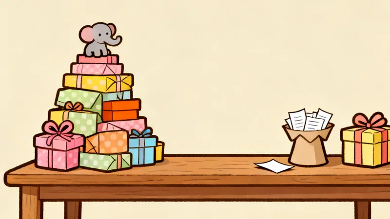 A wooden table with a pile of mismatched wrapped gifts and a small toy elephant on top on the left, and a paper hat full of folded name slips next to a single yellow gift with a bow on the right