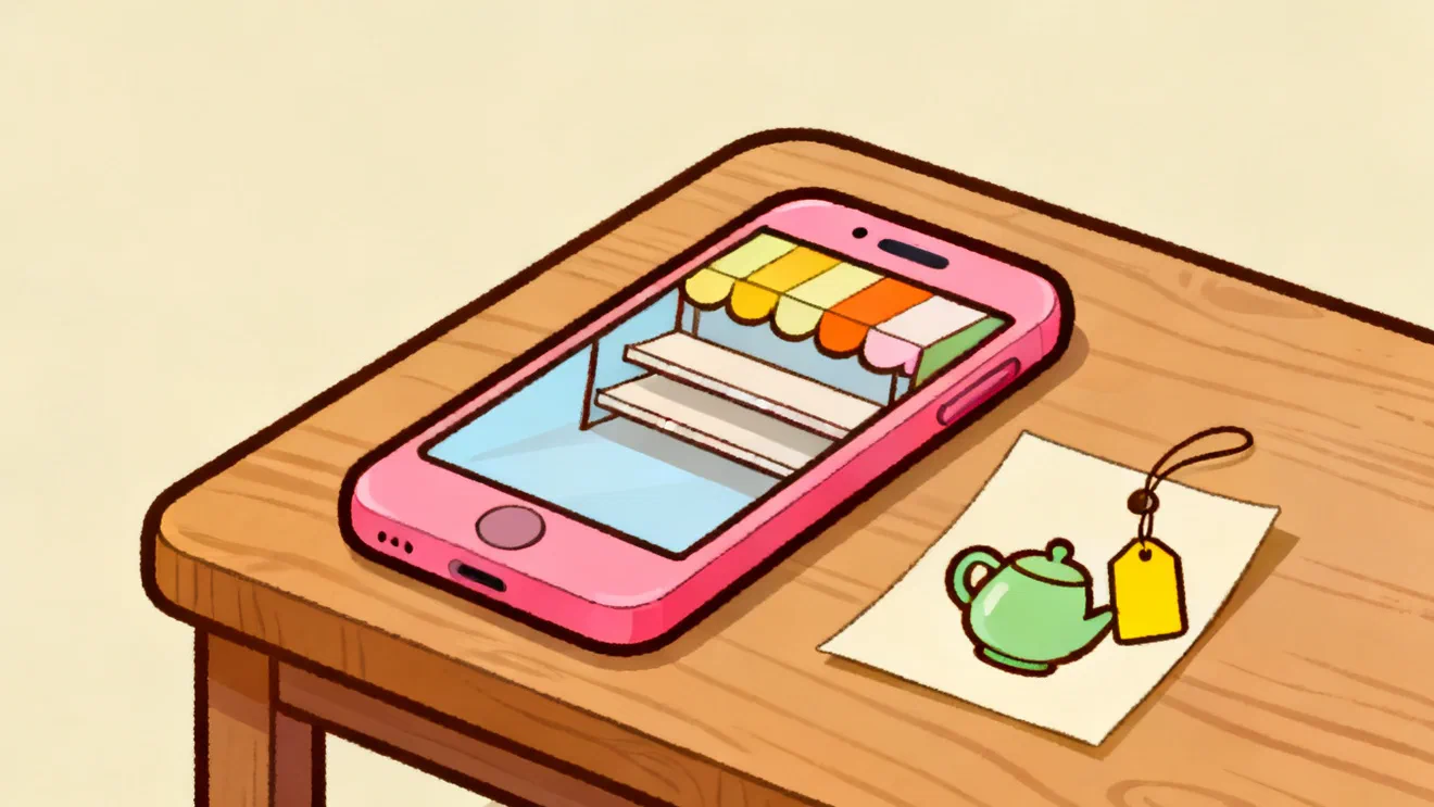 A pink phone on a wooden table showing an empty shop shelf under a striped awning, beside it a paper card with a drawing of a green teapot and a yellow price tag