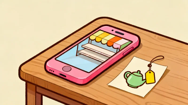A pink phone on a wooden table showing an empty shop shelf under a striped awning, beside it a paper card with a drawing of a green teapot and a yellow price tag